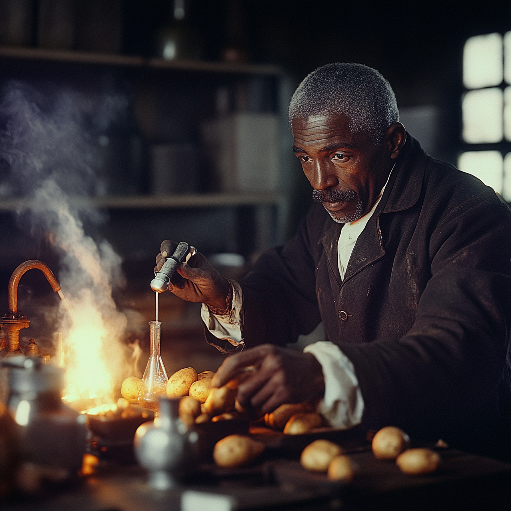 George Washington Carver in old lab with experiments.