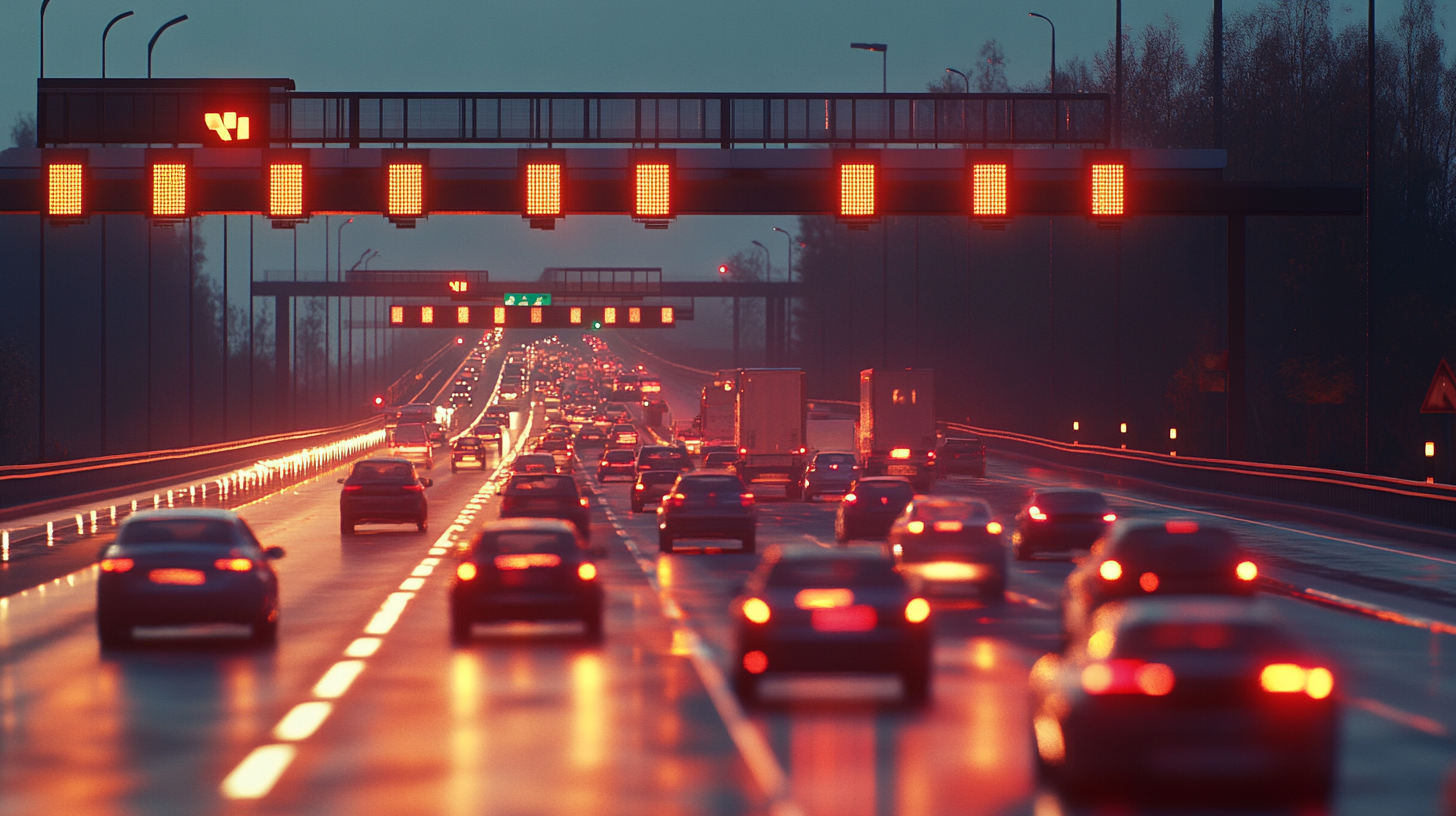 German highway toll system with traffic in motion.