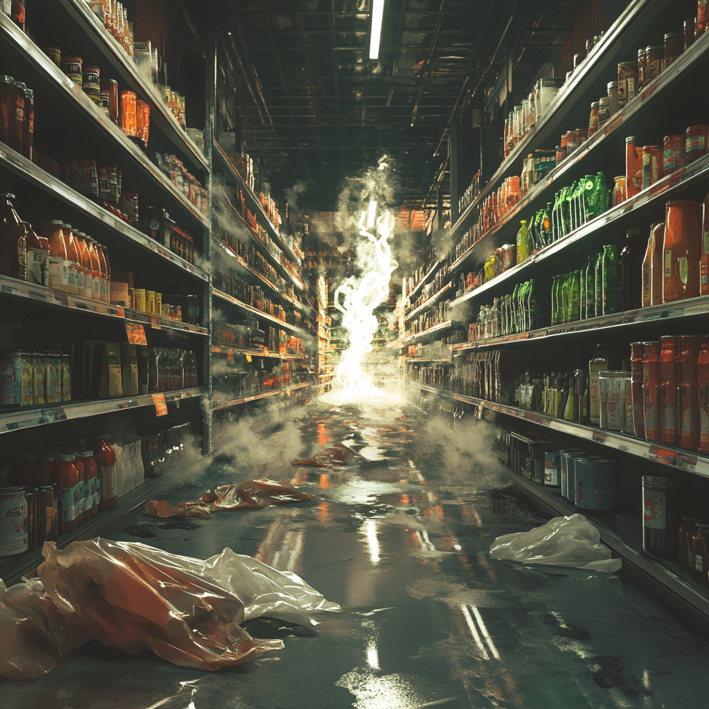 Ghostly Abandoned Supermarket Aisle Haunted by Shadows