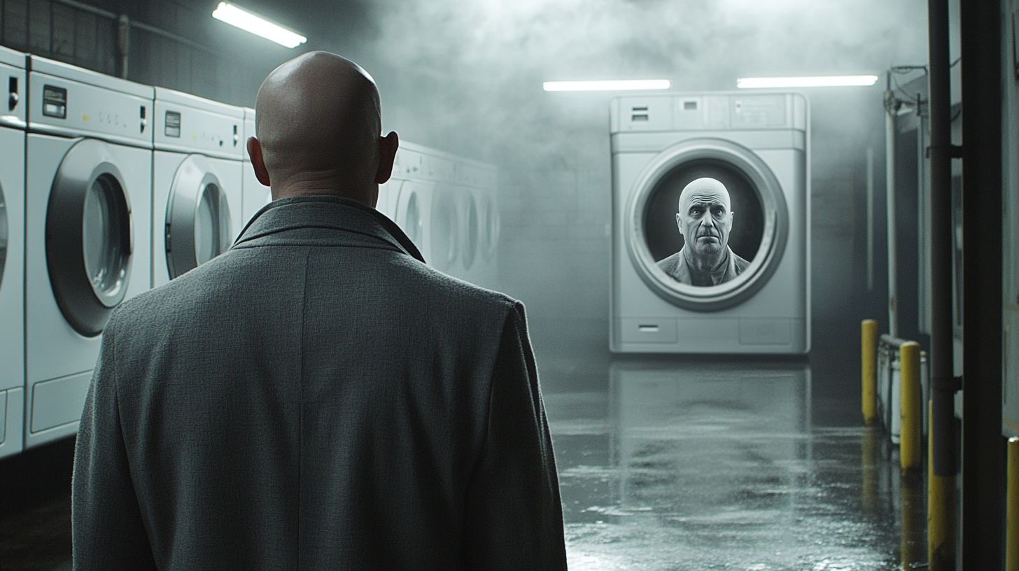 Ghostly man speaks to bald man at washing machine.