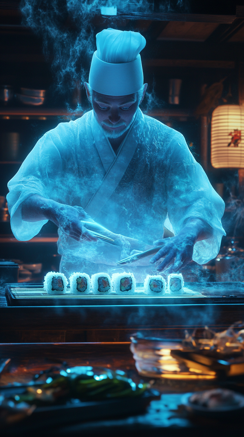 Ghostly sushi chef making spooky floating rolls.