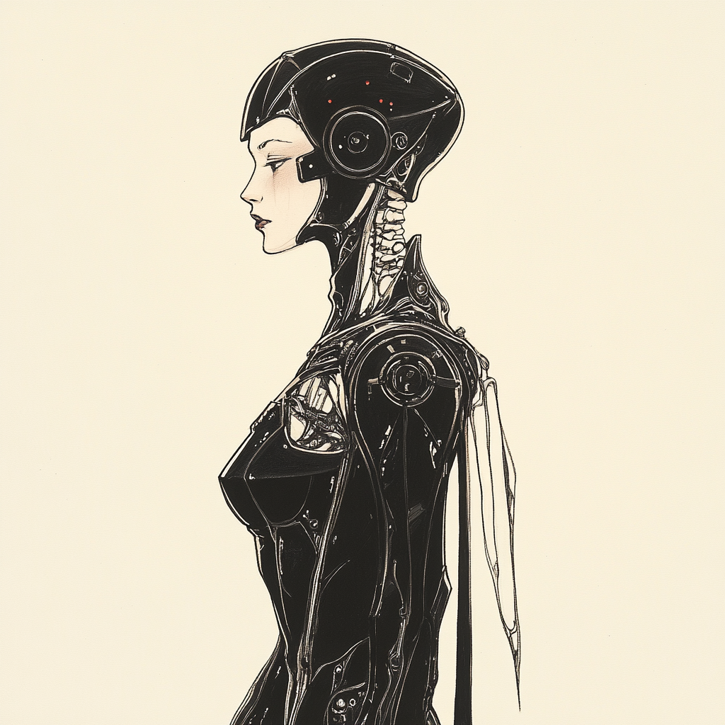 Ghostly woman in futuristic gothic armor.