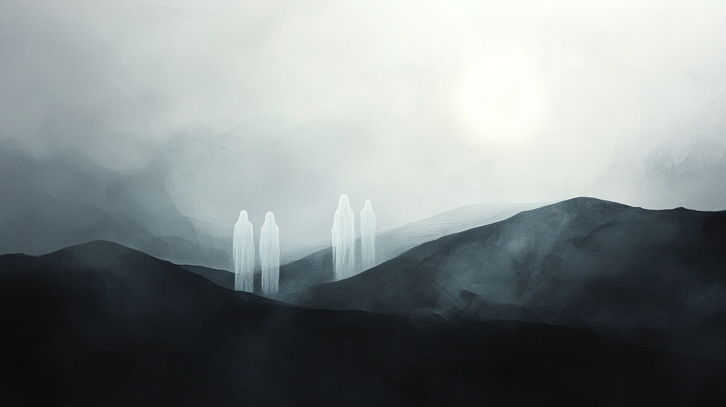 Ghosts in misty landscape on Samhain hills