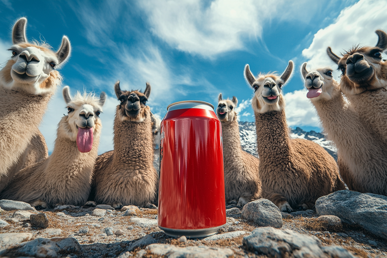 Giant Beer Can with Funny Llamas Around.