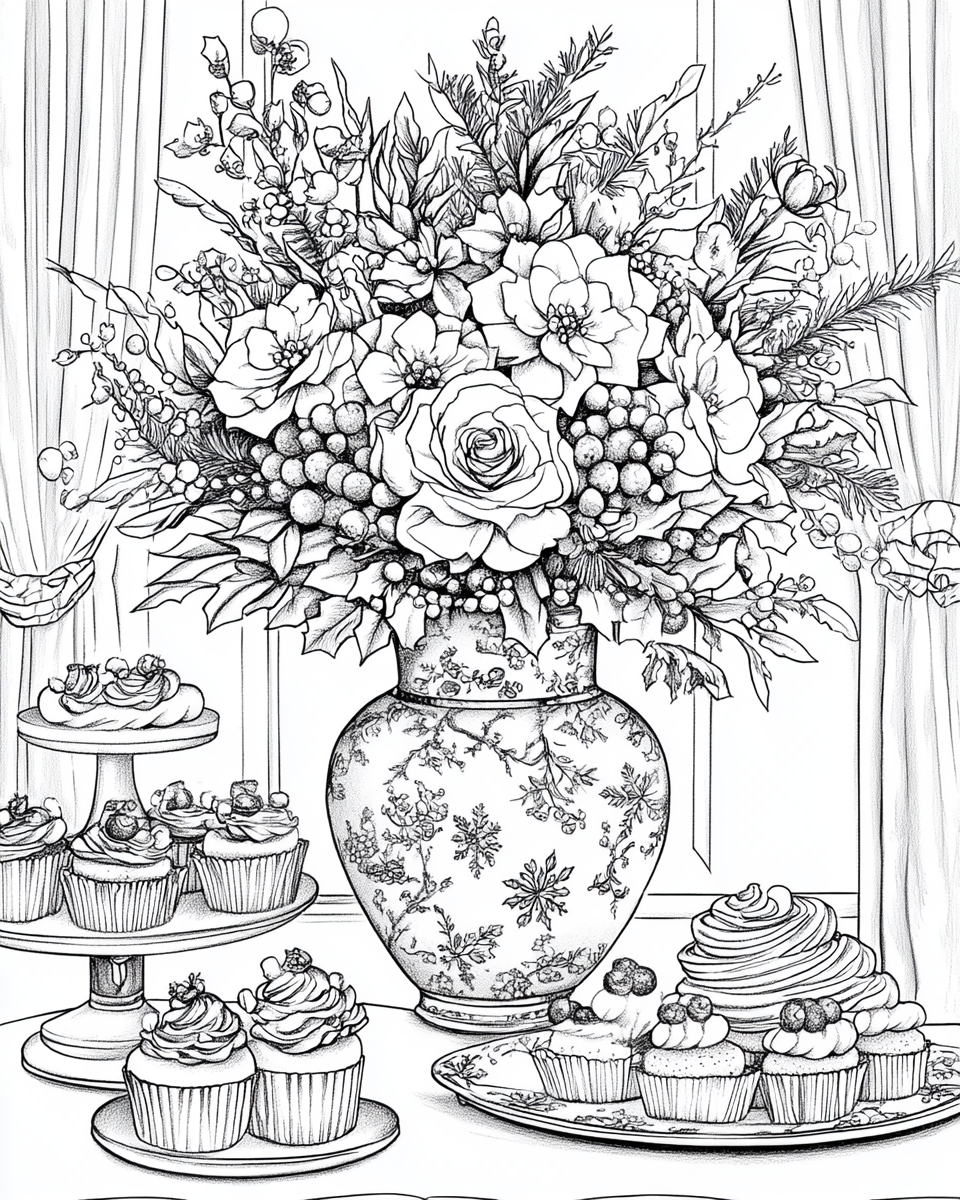 Giant Christmas Flower Coloring Page with Desserts