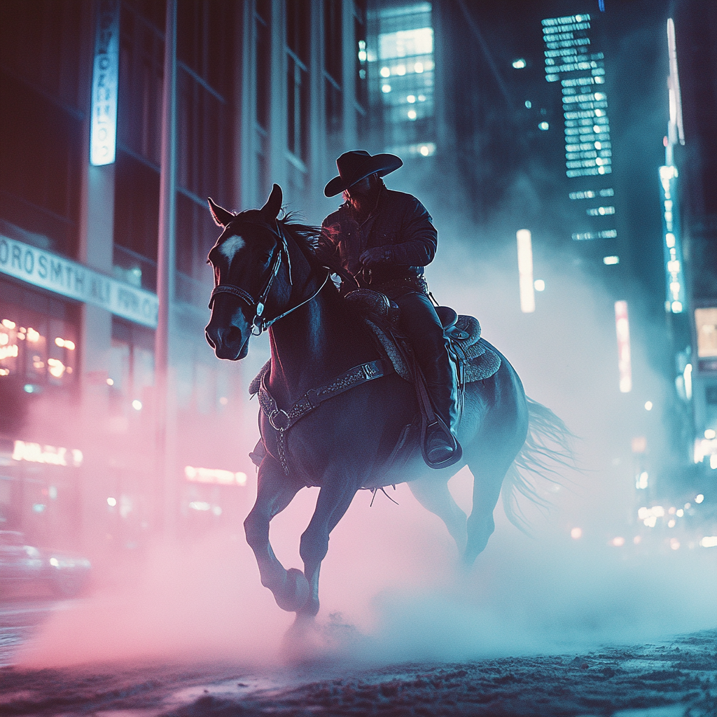 Giant Cowboy on Horse in Urban City Street Fantasy