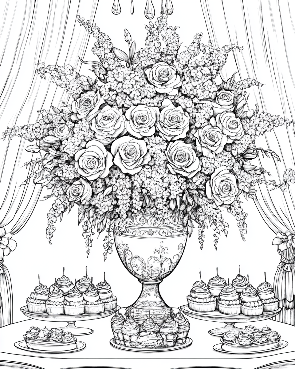 Giant Roses in Tall Chinese Vase Coloring Page