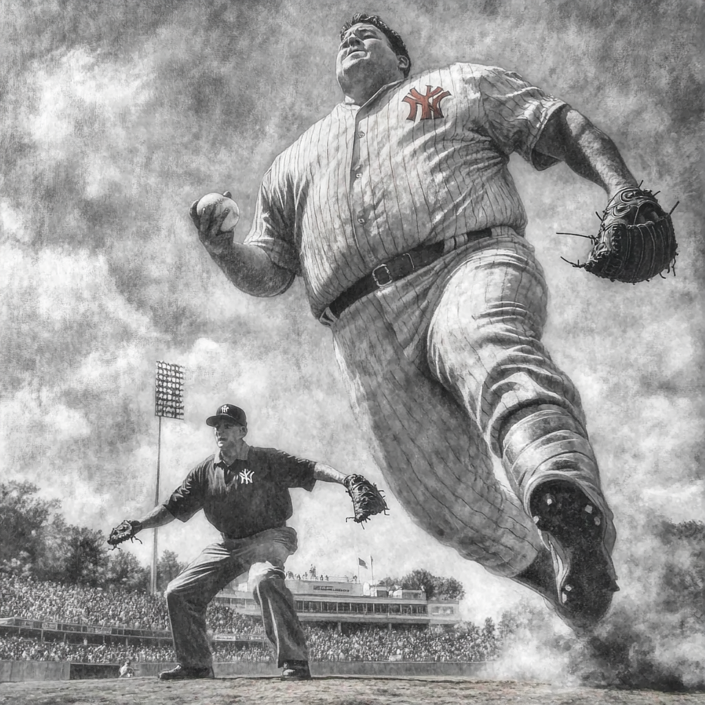 Giant baseball players pitch in oversized stadium