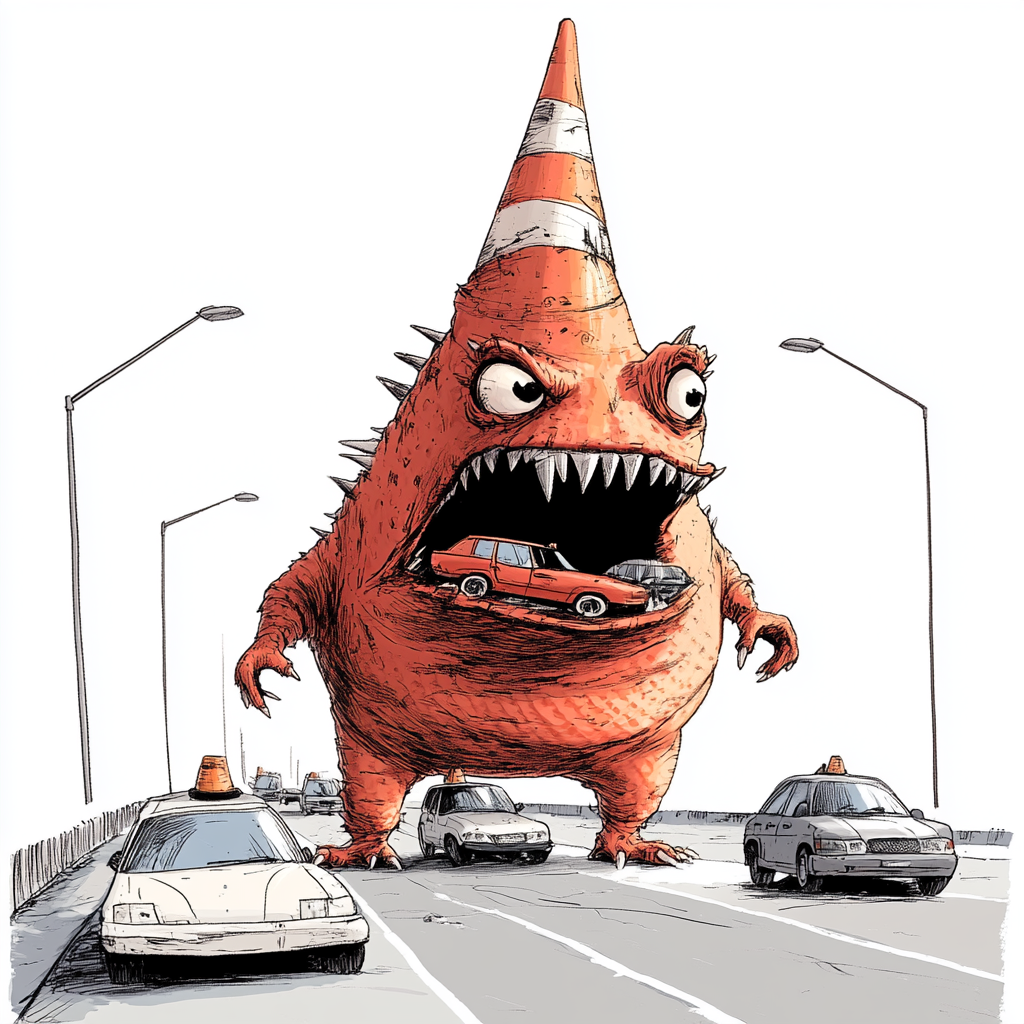 Giant monster traffic cone eats cars on highway