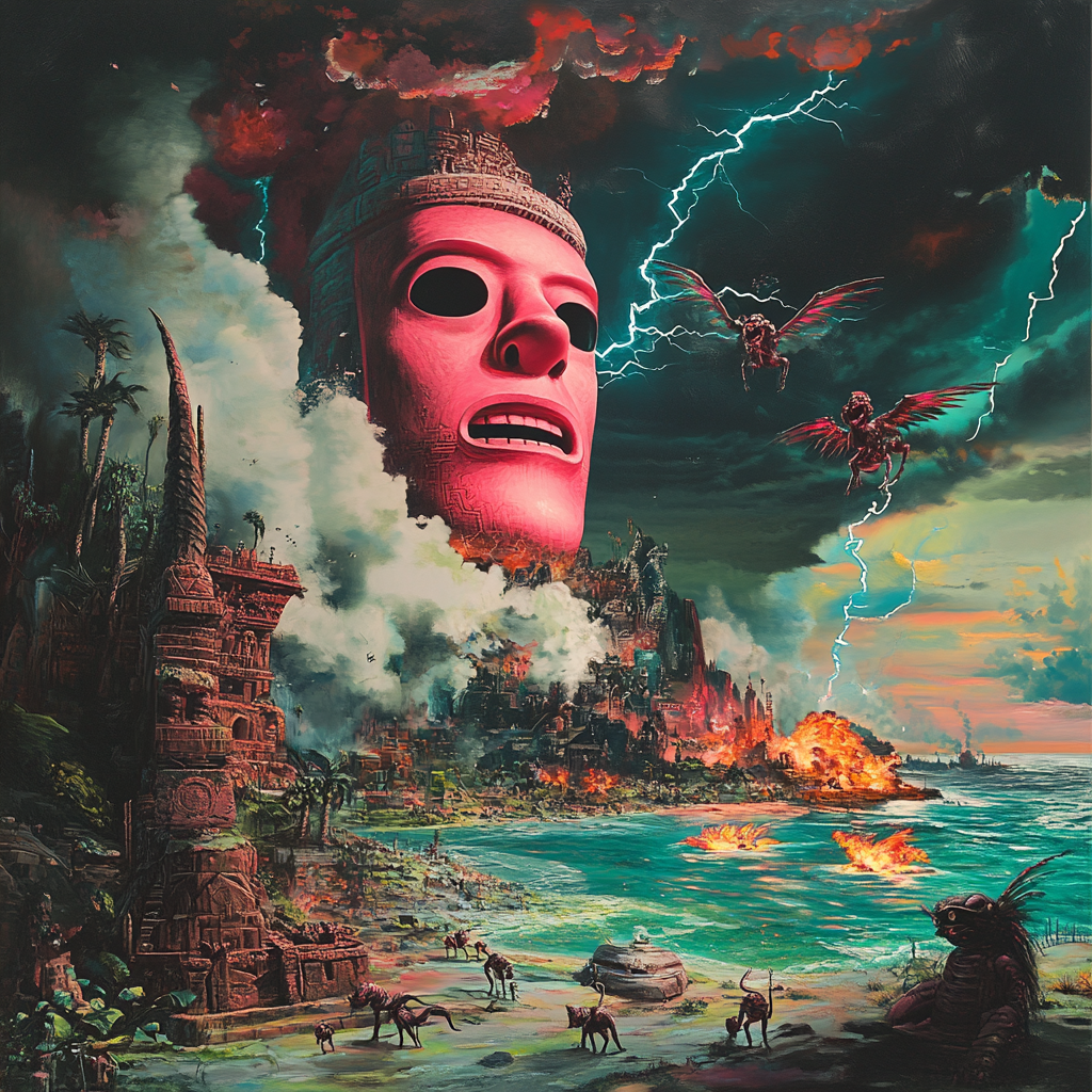 Gigantic pink Moai heads on surreal world landscape.