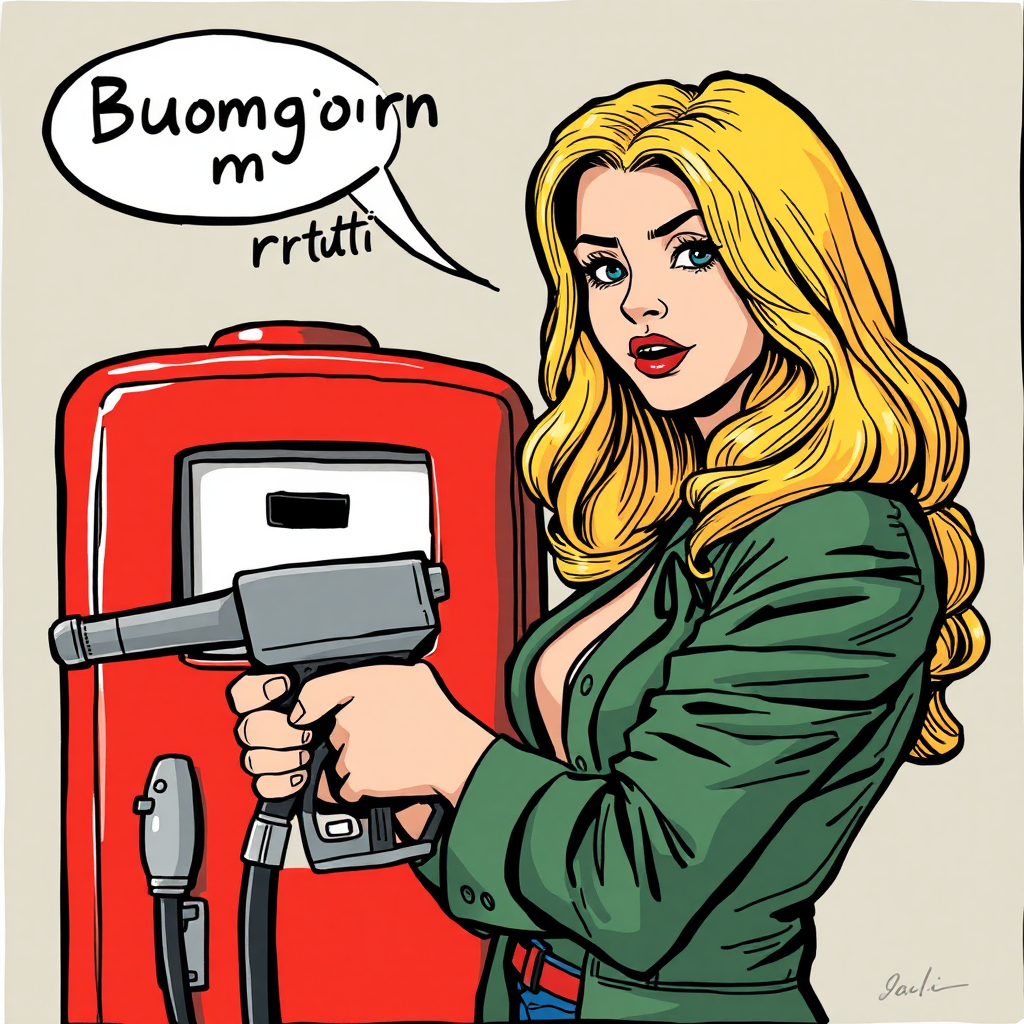 Giorgia Meloni greets with gas pump gun comic.