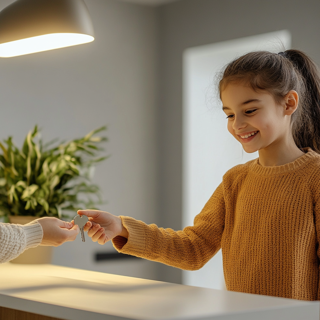 Girl Hands Key to Tenant in Bright Room