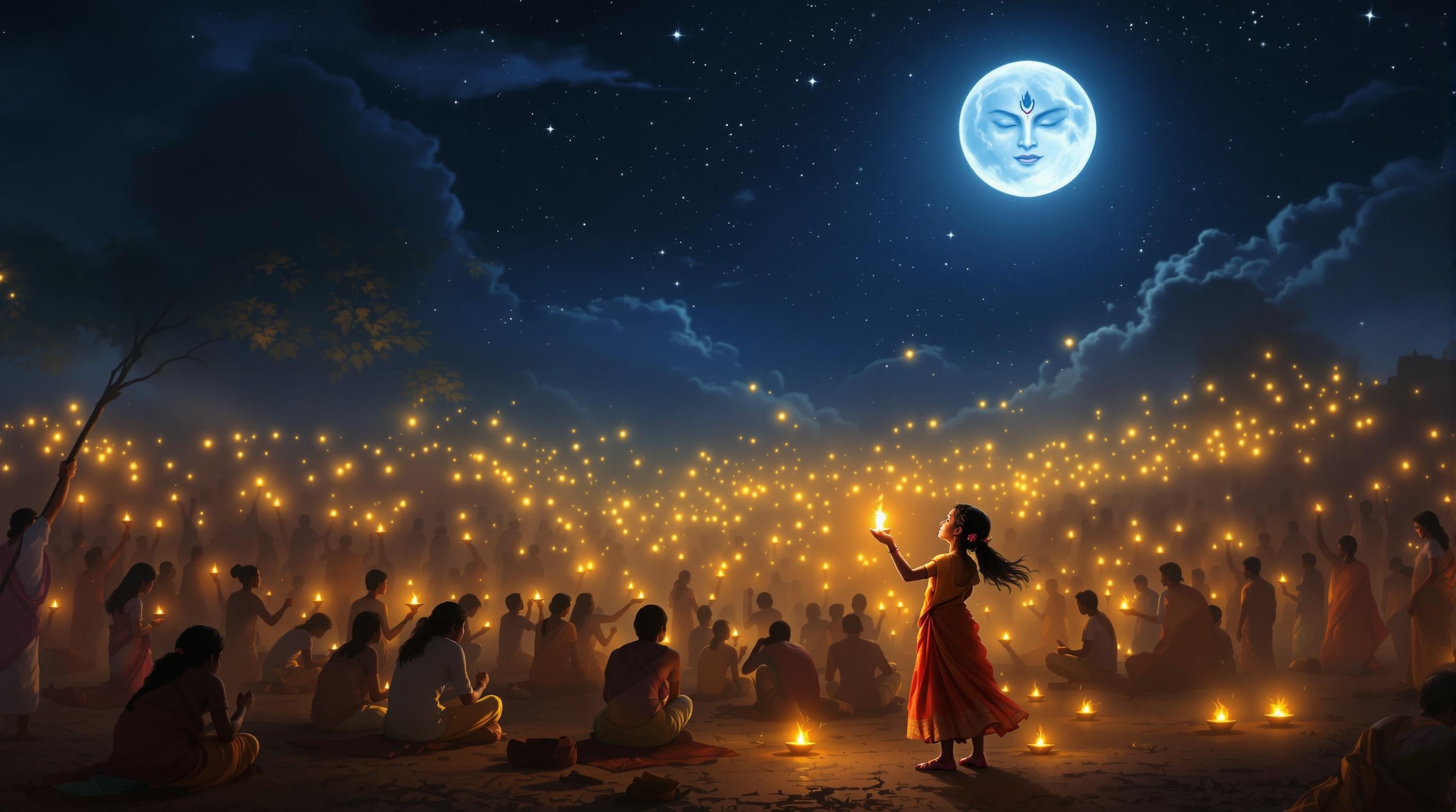 Girl Holding Lamp with Shiva's Face in Sky