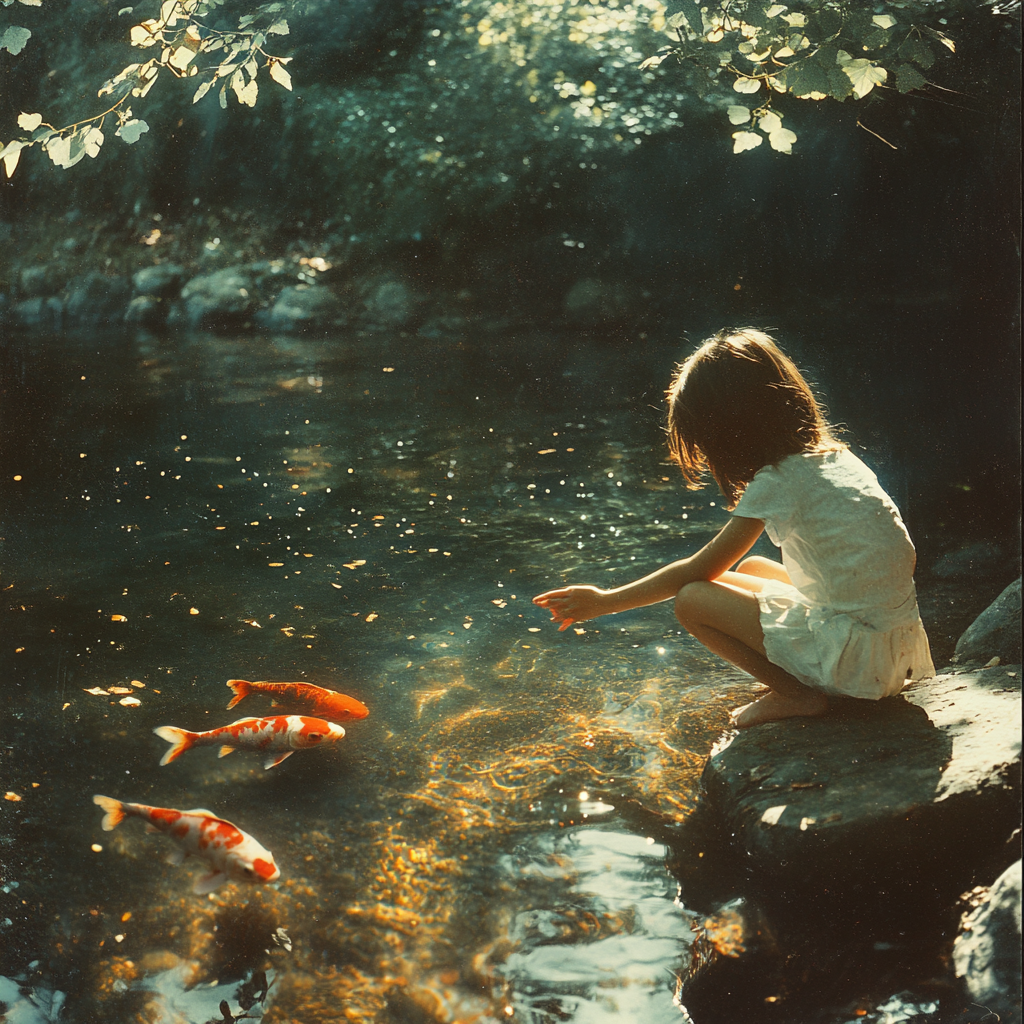 Girl Interacting with Koi Carp by a River