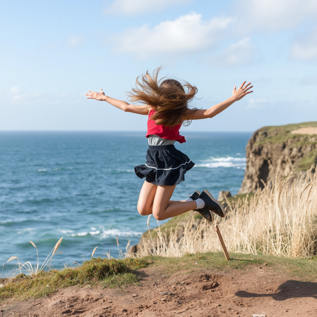 Girl Jumping in Short Skirt During Windy Day