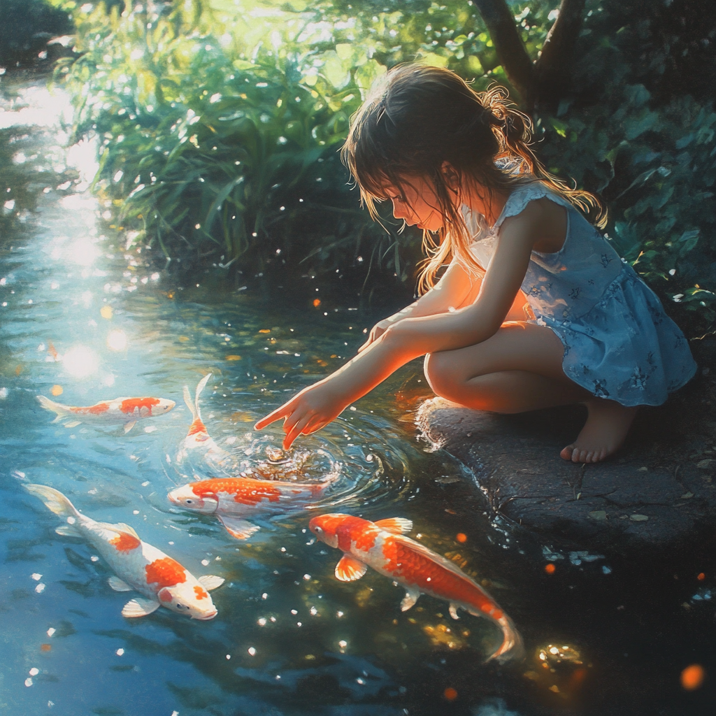 Girl Reaching for Koi Fish near River under Oaktree