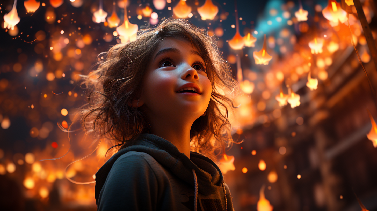 Girl amazed by fireworks in night sky