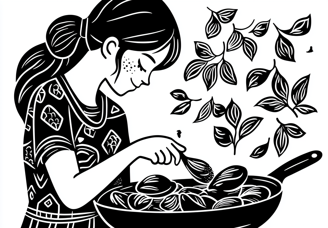 Girl cooks mussels in ancient Slavic style pan