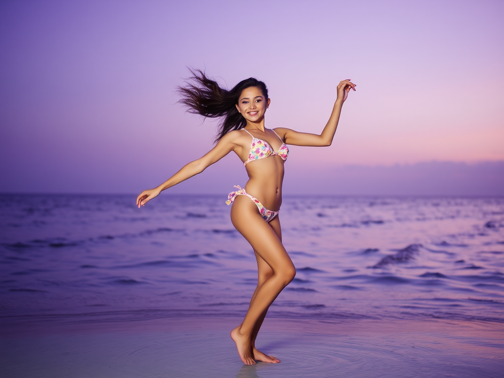 Girl dances in swimsuit against purple sea, sky backdrop.