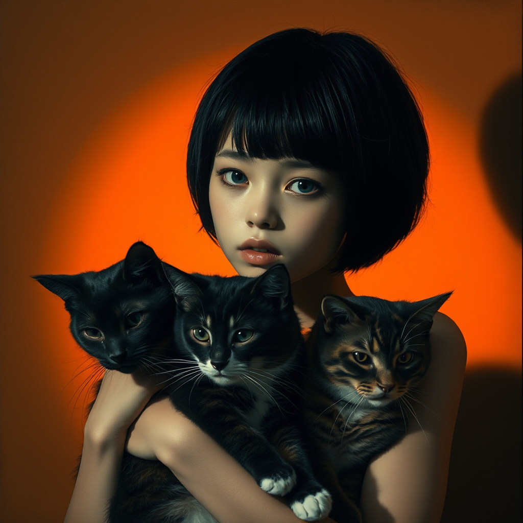 Girl holding two cats in orange light