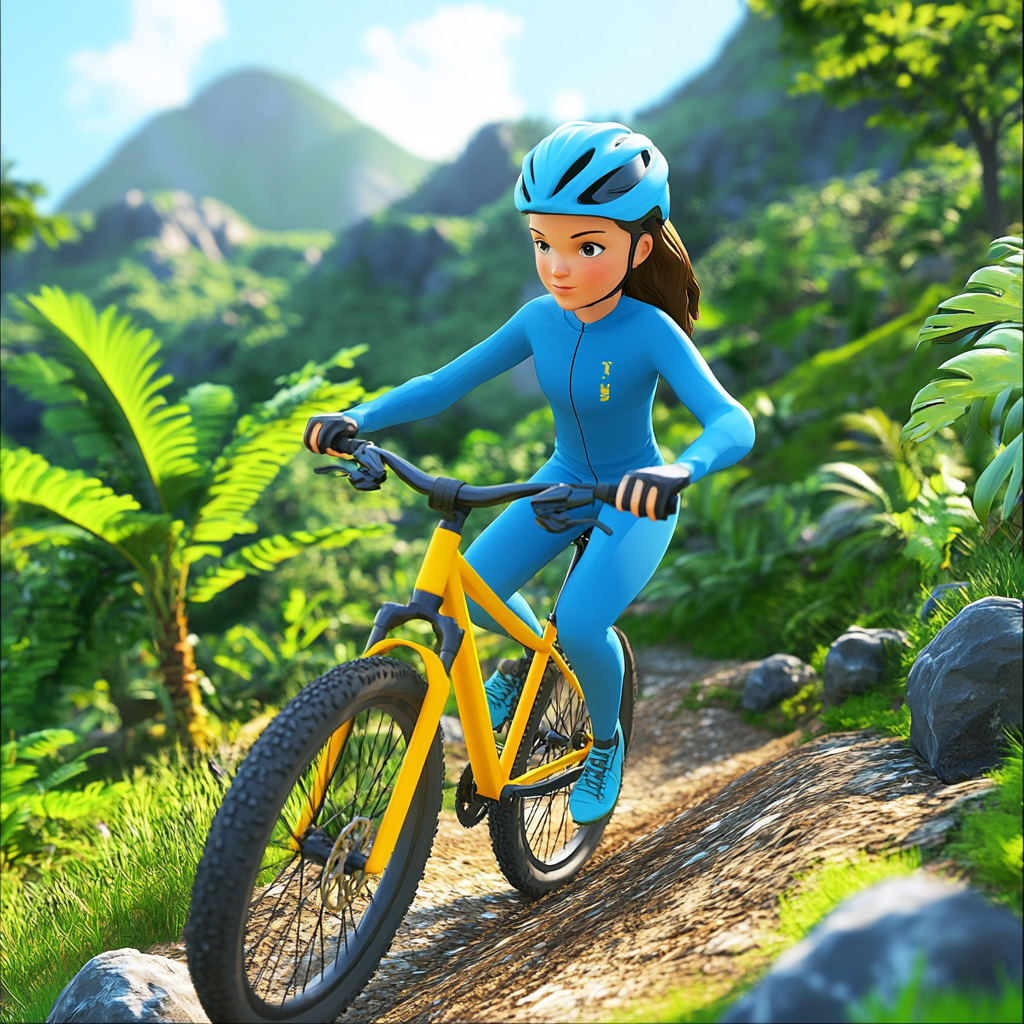 Girl in Blue Sports Tracksuit Riding Mountain Bike