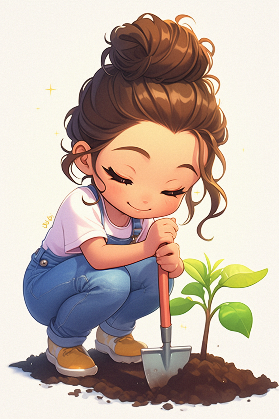 Girl in Kawaii Style Tilling Soil for Plants