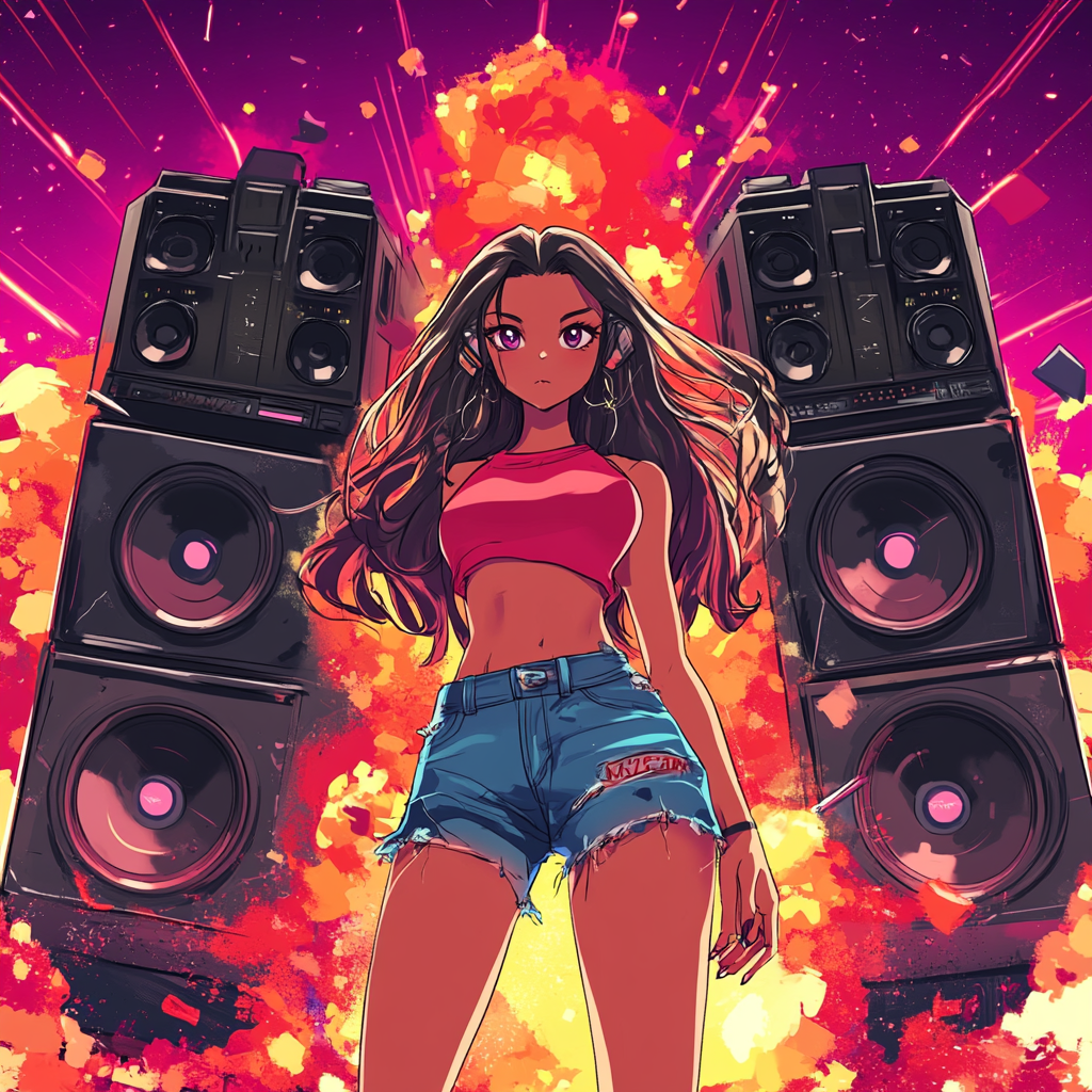 Girl in style of Japanese cartoon with speakers & explosion