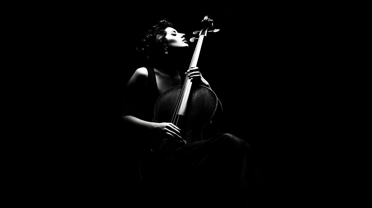 Girl playing cello in dim light