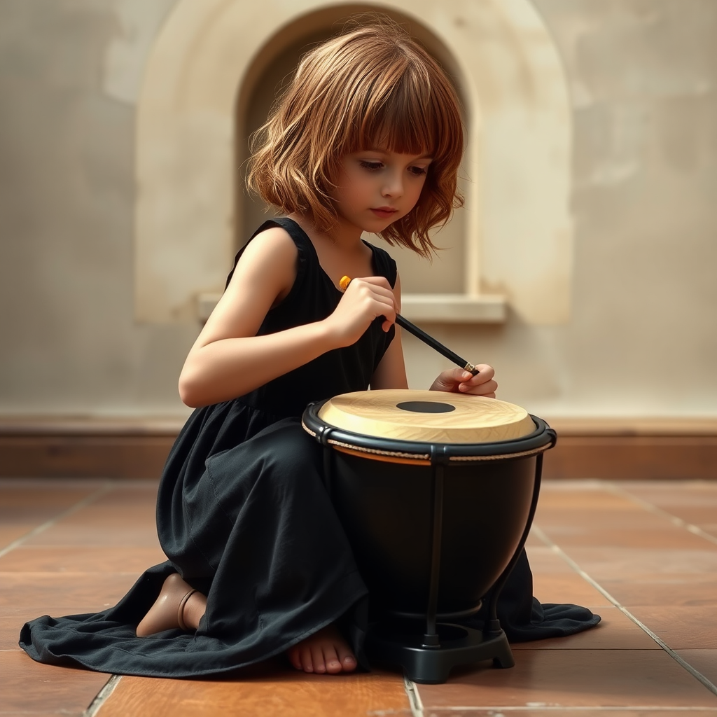 Girl playing handpan in black dress with waves.