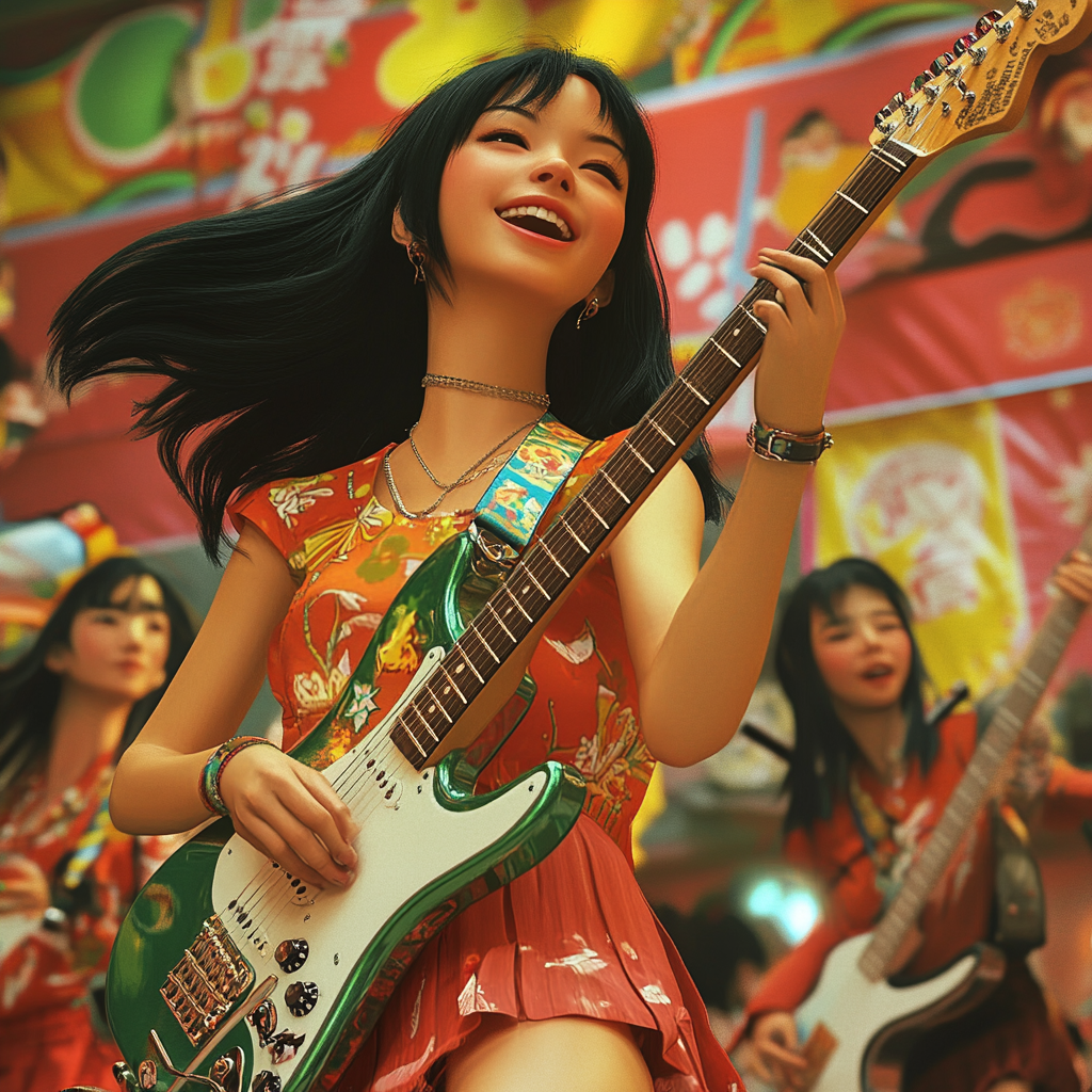 Girl plays electric guitar at lively Japanese festival