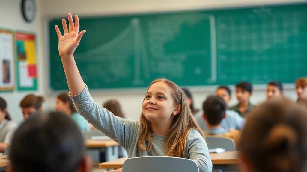 Girl raises hand in classroom to ask question