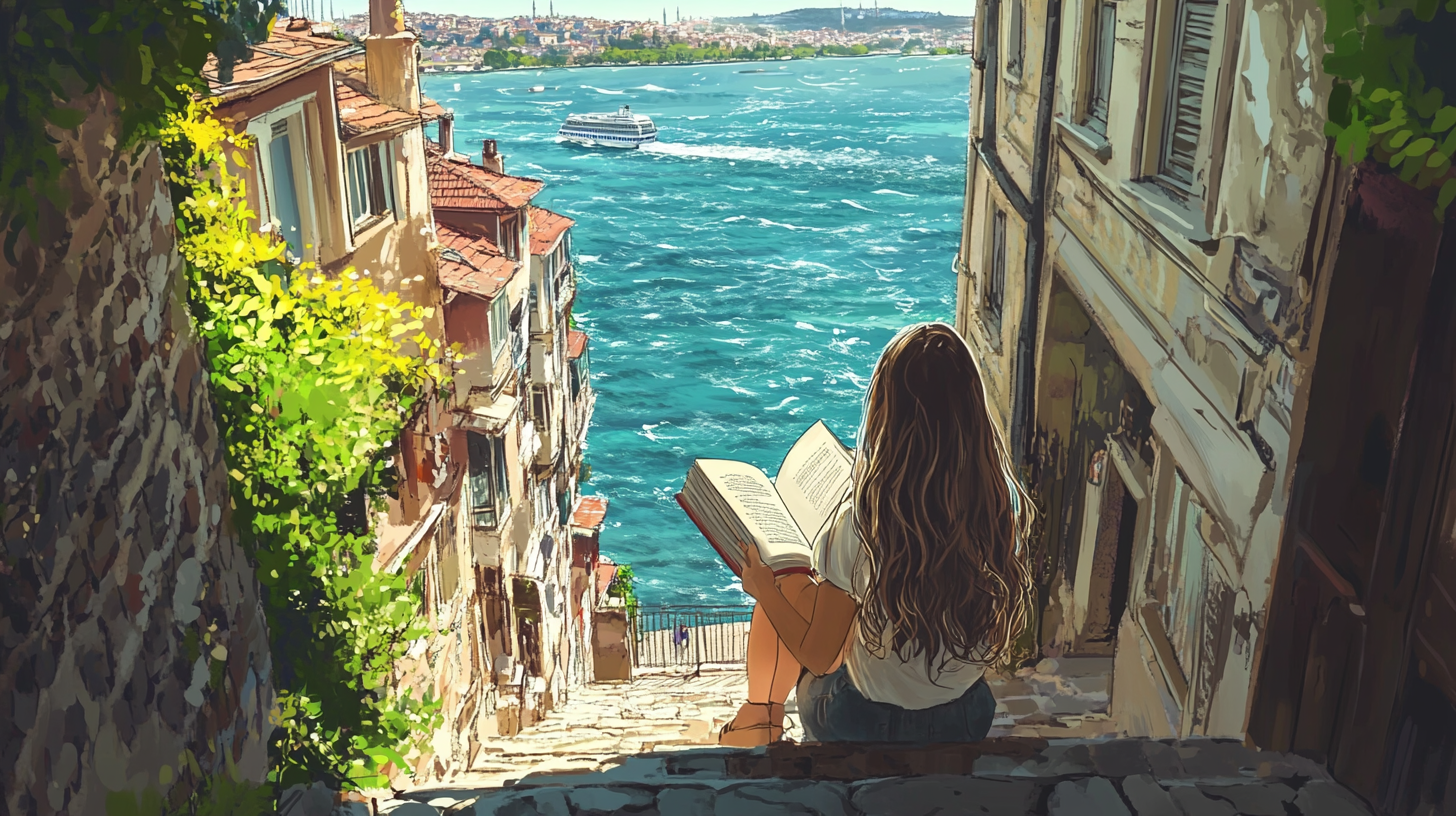 Girl reading on Istanbul stairs overlooking Bosphorus