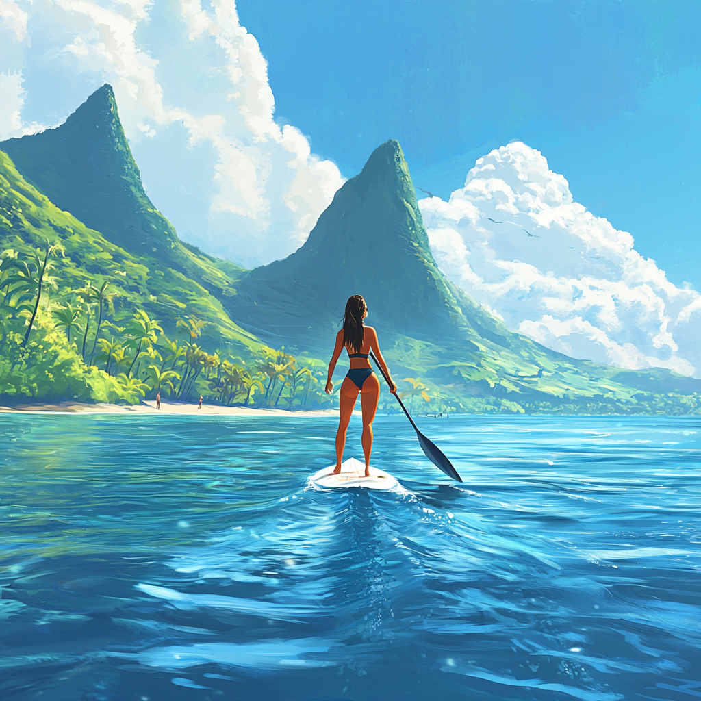 Girl surfing in Hawaii with shark approaching, tropical theme.