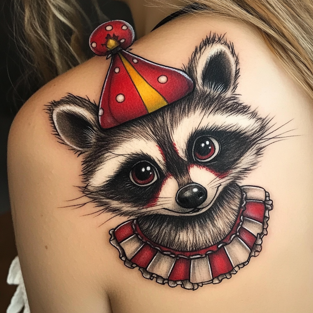 Girl with Circus Clown Raccoon on Shoulder