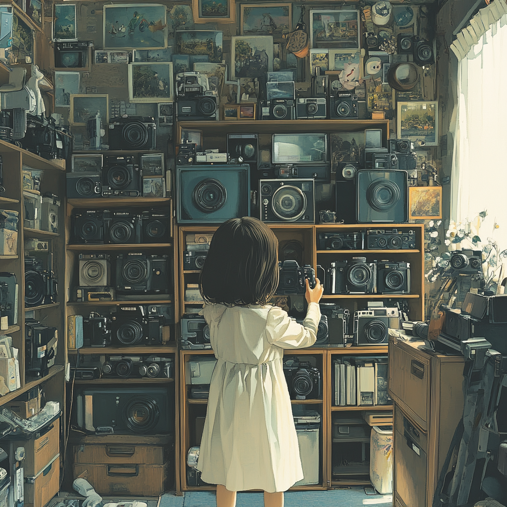 Girl with cameras in camera-filled warm room.