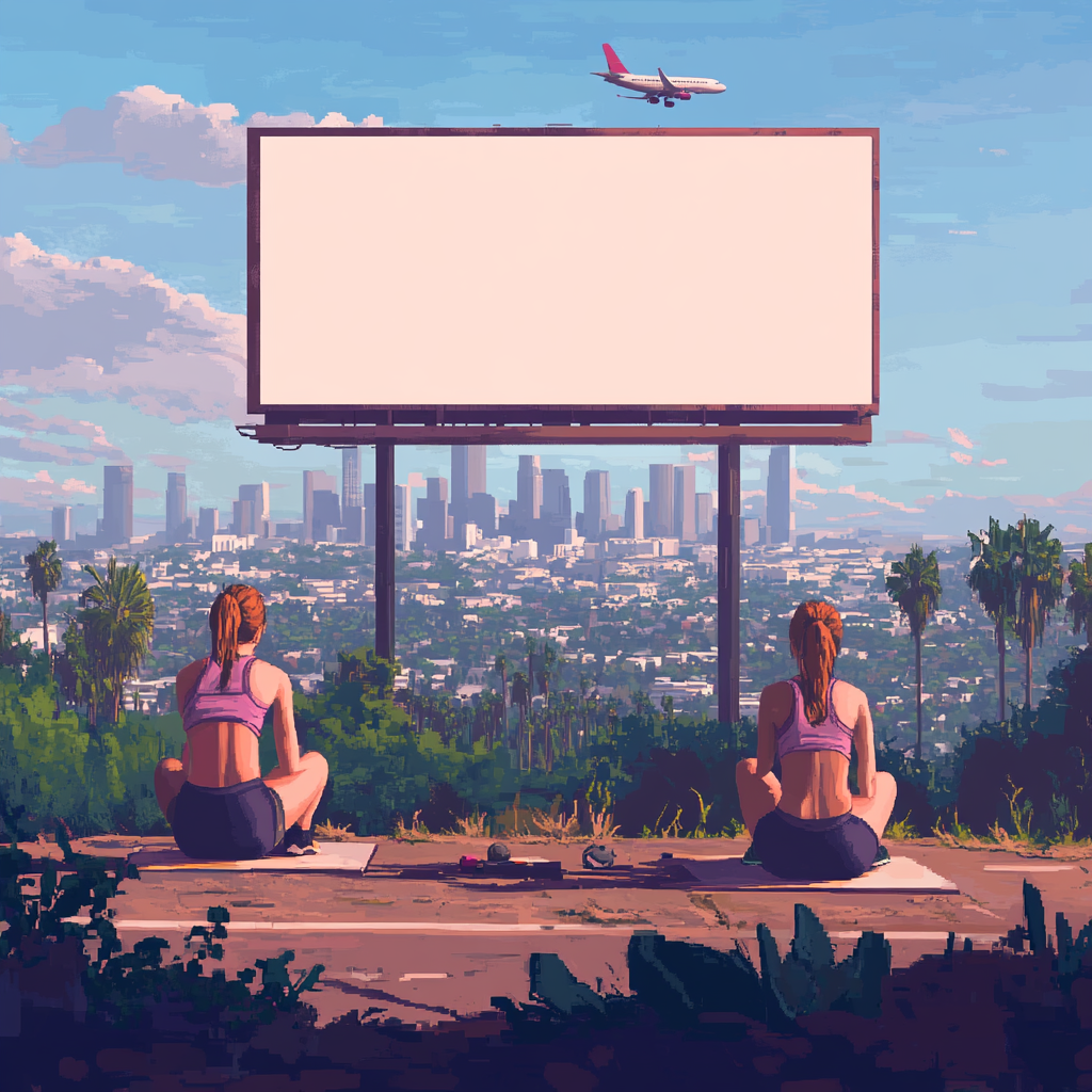 Girls working out in LA with blank billboard