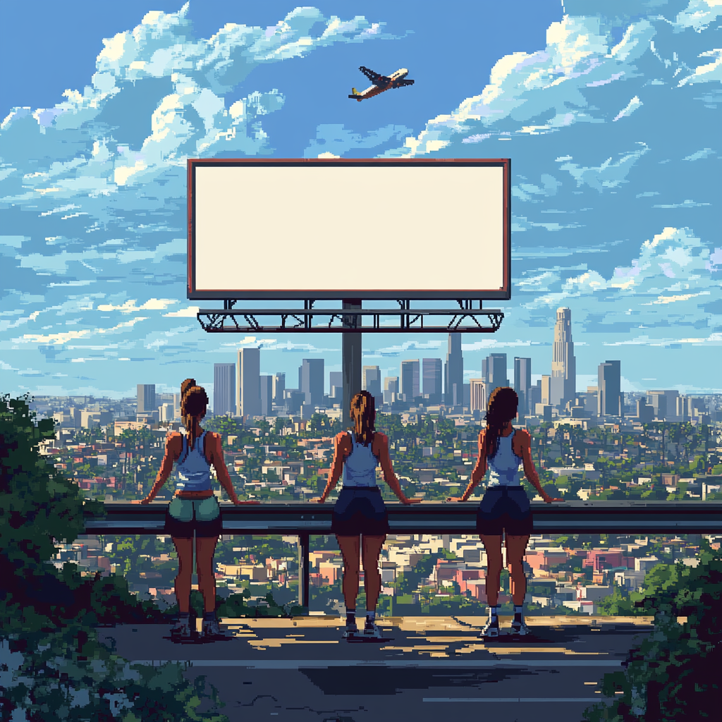 Girls working out with billboard and plane