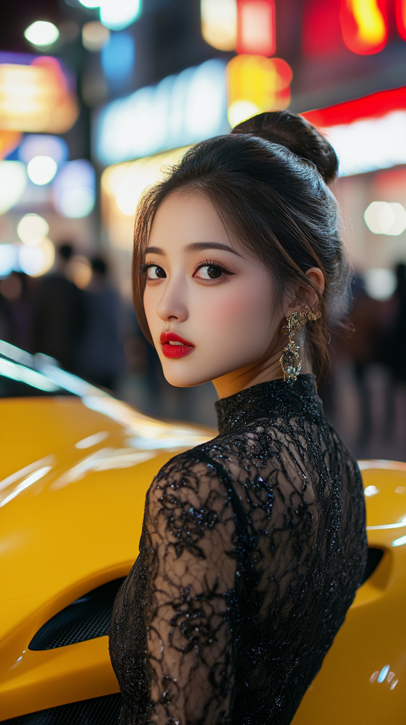 Glamorous Japanese Woman in Black Evening Gown