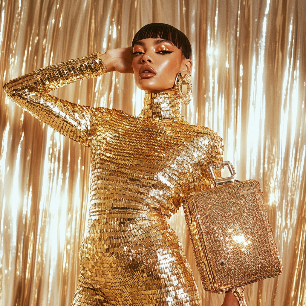 Glamorous Woman in Futuristic Golden Paco Rabanne Outfit