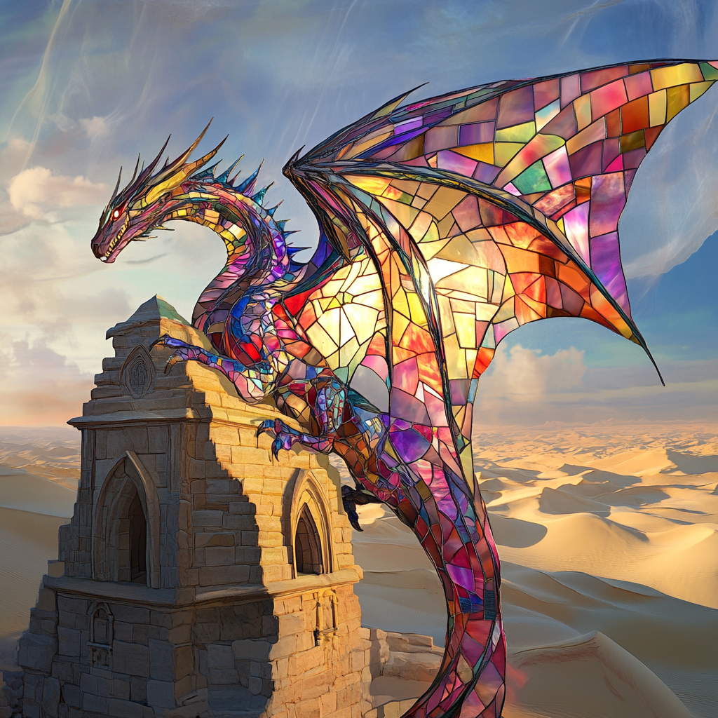 Glass dragon climbs church tower in fantasy art.