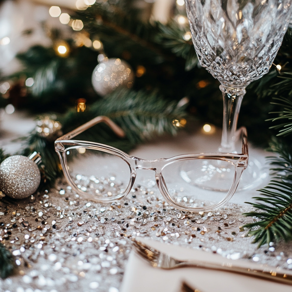 Glasses on silver table with rhinestones, minimal setting