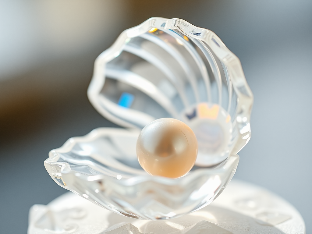 Glimmering pearl in crystal shell, surrounded by ethereal glow.