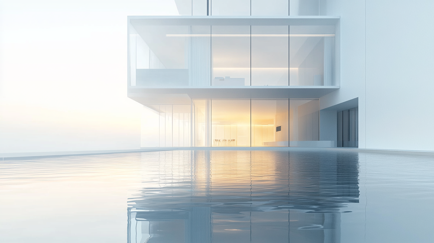 Glossy white building with high lobby at dawn