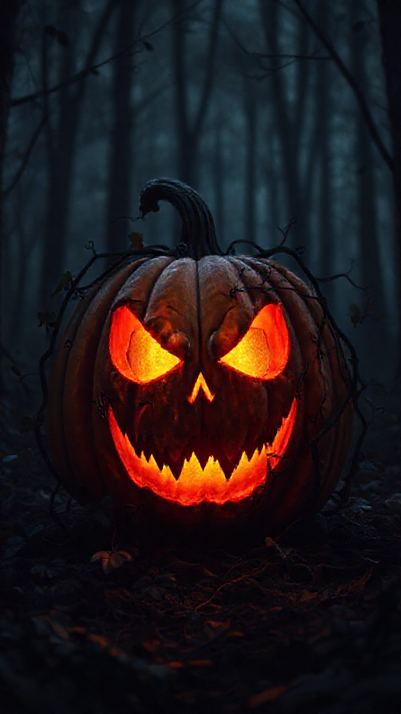 Glowing Angry Pumpkin in Dark Forest