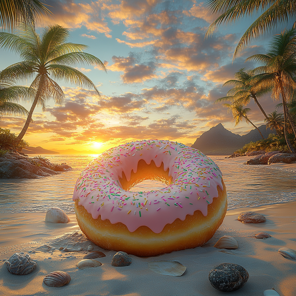 Glowing Jamaican Sunrise with Colorful Donut on Beach