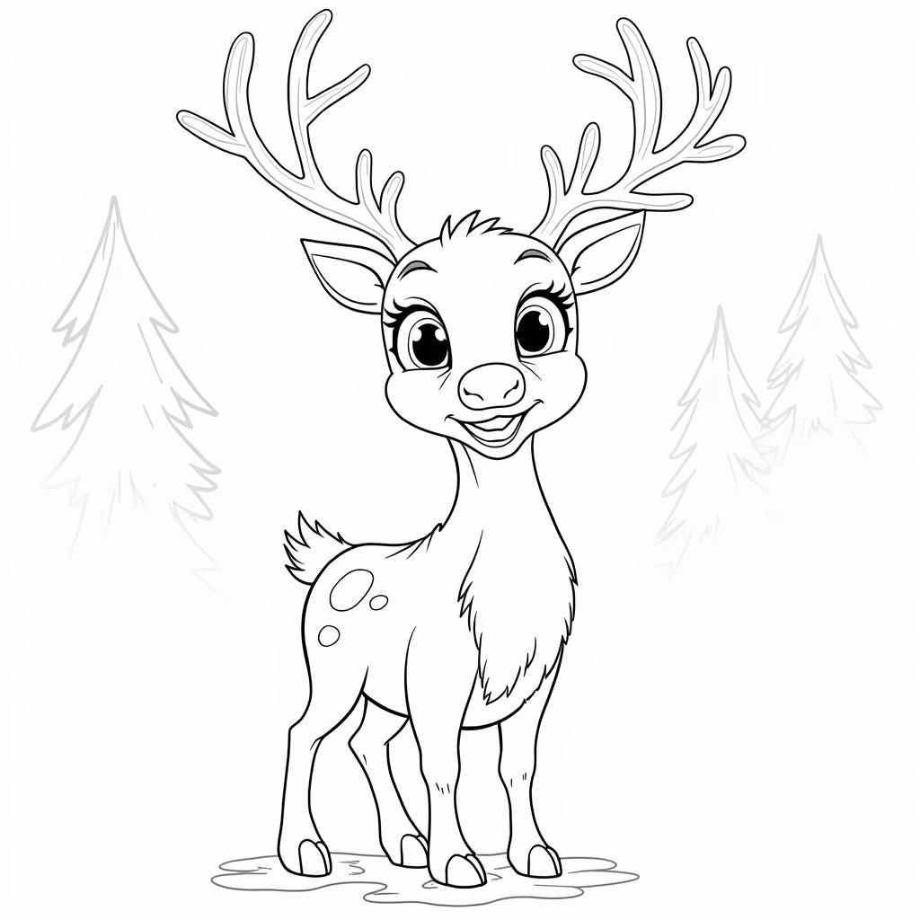 Glowing-Nosed Reindeer in Snowy Evergreen Forest