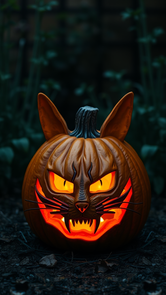 Glowing-eyed cat pumpkin in dark garden.