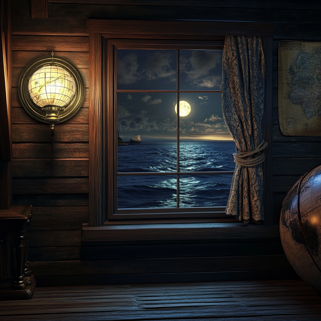 Glowing gaslight movie set with cozy seaside view.