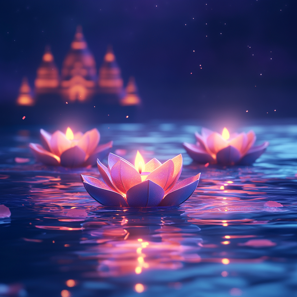 Glowing lotus diyas on serene night water scene