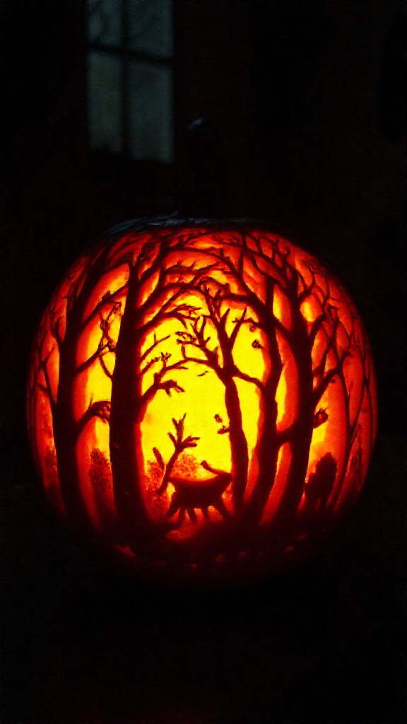 Glowing pumpkin with forest scenes in dark room.